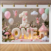 Lofaris Pink and White Fluffy ONE First Birthday Party Backdrop Enchanted Fairy Garden Theme with Balloons and Mushrooms