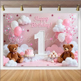 Lofaris Pink and White Happy 1st Birthday Party Backdrop with Teddy Bears and Balloons Sweet Baby Girl Celebration Decor