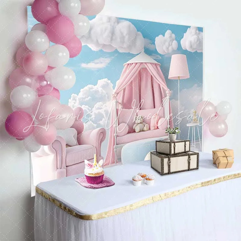 Lofaris Pink Armchair Canopy Bed Teddy Bear Backdrop Blue Sky Clouds Baby Girl Cake Smash Background