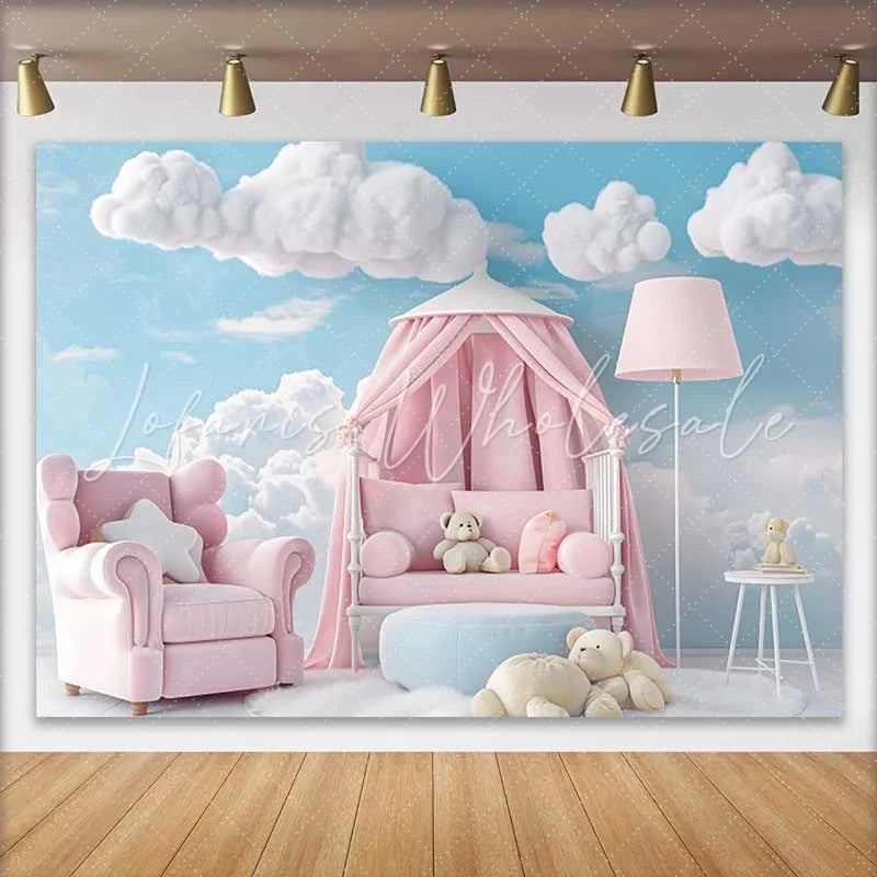 Lofaris Pink Armchair Canopy Bed Teddy Bear Backdrop Blue Sky Clouds Baby Girl Cake Smash Background