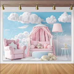 Lofaris Pink Armchair Canopy Bed Teddy Bear Backdrop Blue Sky Clouds Baby Girl Cake Smash Background
