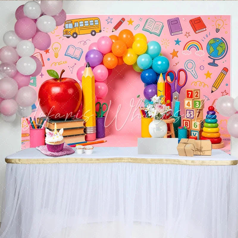 Lofaris Pink Back to School Photography Backdrop with Colorful Balloons and Apple Vibrant Background for Kids Photoshoot and Party