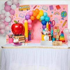 Lofaris Pink Back to School Photography Backdrop with Colorful Balloons and Apple Vibrant Background for Kids Photoshoot and Party