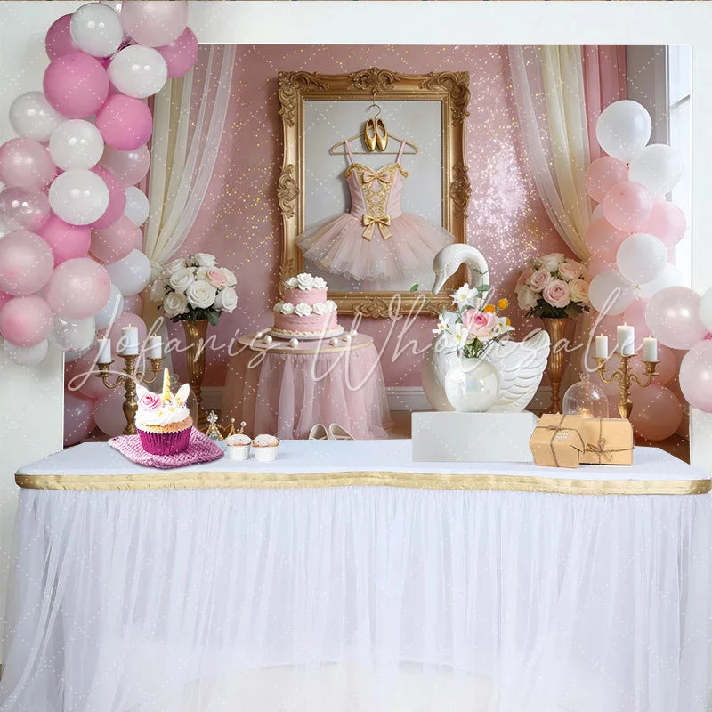 Lofaris Pink Ballerina Birthday Backdrop with Tutu Golden Shoes and Swan Elegant Princess Party Decor for Girls Photoshoot
