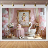 Lofaris Pink Ballerina Birthday Backdrop with Tutu Golden Shoes and Swan Elegant Princess Party Decor for Girls Photoshoot