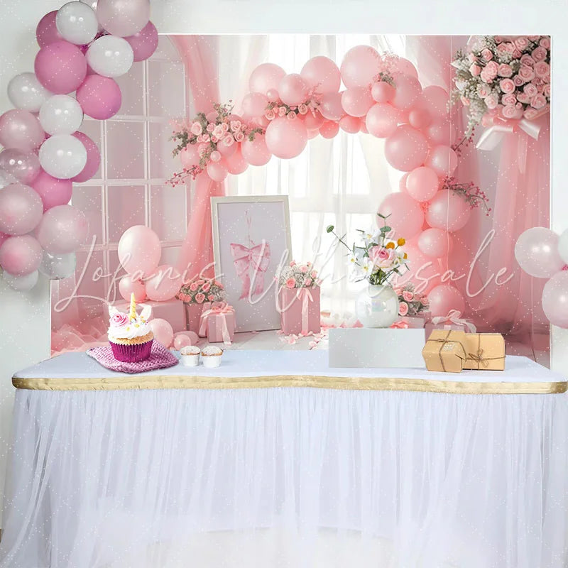 Lofaris Pink Balloon Arch and Gift Box Backdrop Indoor Window View Photography Background Cake Smash Decor