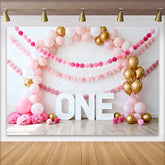 Lofaris Pink Balloon Arch Birthday Cake Smash Backdrop Gold Balloons and Pom Pom Garland ONE Background