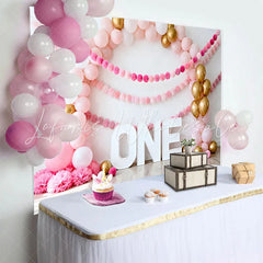 Lofaris Pink Balloon Arch Birthday Cake Smash Backdrop Gold Balloons and Pom Pom Garland ONE Background