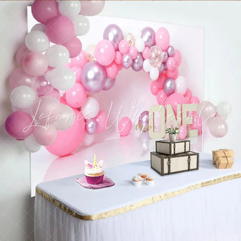 Lofaris Pink Balloon Arch First Birthday Cake Smash Backdrop ONE Sign Girl Party Background for Photo Studio
