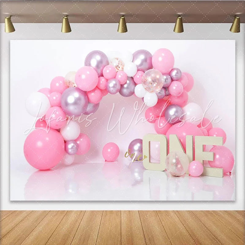 Lofaris Pink Balloon Arch First Birthday Cake Smash Backdrop ONE Sign Girl Party Background for Photo Studio