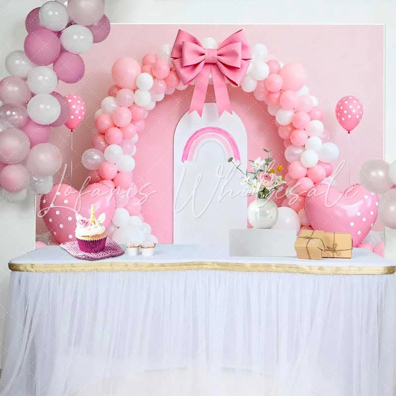 Lofaris Pink Balloon Bow Rainbow Arch Wedding Backdrop Heart Balloon Party Photography Background