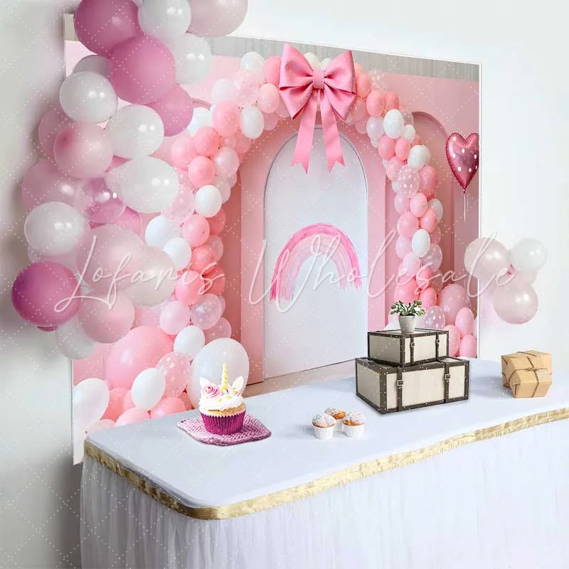 Lofaris Pink Balloon Bow Rainbow Wedding Backdrop Heart Balloon Bridal Shower Party Photography Background