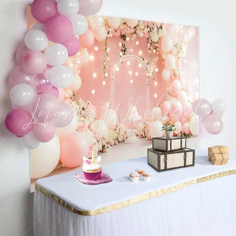 Lofaris Pink Balloon Glowing Lights Wedding Backdrop Floral Arch Cake Party Photography Background