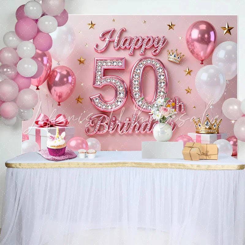 Lofaris Pink Balloons 50th Happy Birthday Backdrop Gold Stars Crown Gifts Diamond Number Party Background