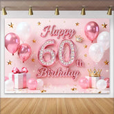 Lofaris Pink Balloons 60th Happy Birthday Backdrop Gold Stars Crown Gifts Diamond Number Party Background