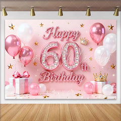 Lofaris Pink Balloons 60th Happy Birthday Backdrop Gold Stars Crown Gifts Diamond Number Party Background