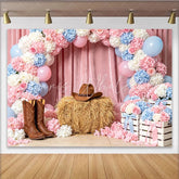 Lofaris Pink Blue Floral Cowgirl Baby Shower Backdrop with Cowboy Hat and Boots Rustic Hay Bale Photography Background for Western Party