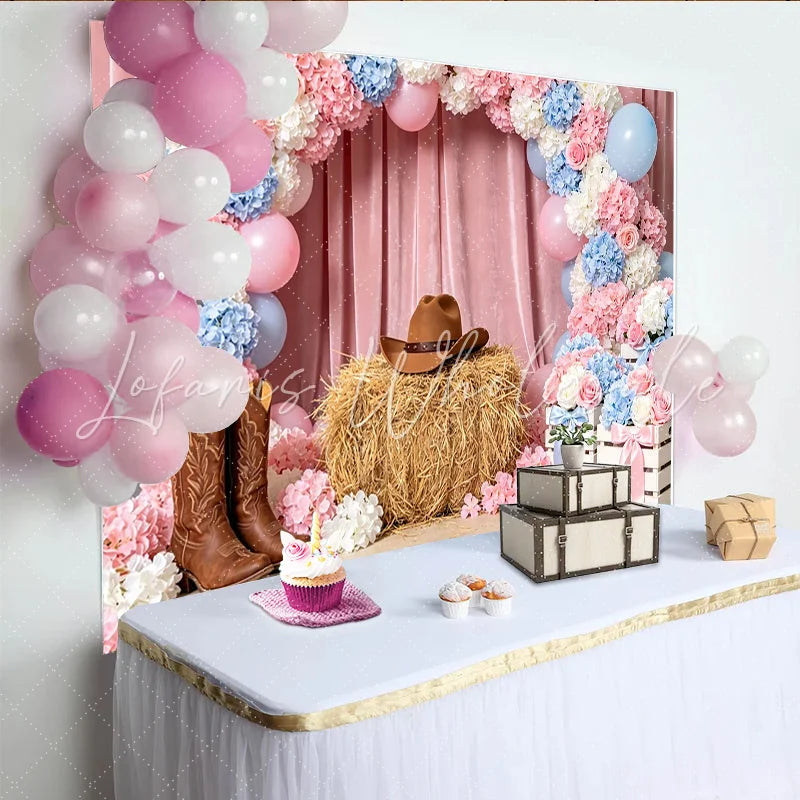 Lofaris Pink Blue Floral Cowgirl Baby Shower Backdrop with Cowboy Hat and Boots Rustic Hay Bale Photography Background for Western Party