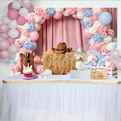 Lofaris Pink Blue Floral Cowgirl Baby Shower Backdrop with Cowboy Hat and Boots Rustic Hay Bale Photography Background for Western Party