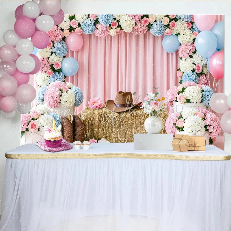 Lofaris Pink Blue Floral Western Gender Reveal Baby Shower Backdrop with Cowboy Hat and Boots Rustic Photography Background for Party Decor