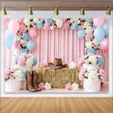 Lofaris Pink Blue Floral Western Gender Reveal Baby Shower Backdrop with Cowboy Hat and Boots Rustic Photography Background for Party Decor