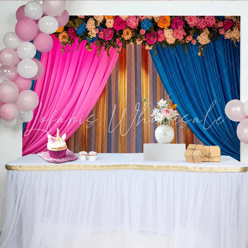 Lofaris Pink Blue Stage Backdrop Golden Tinsel Strands and Flower Header Celebration Party Banner