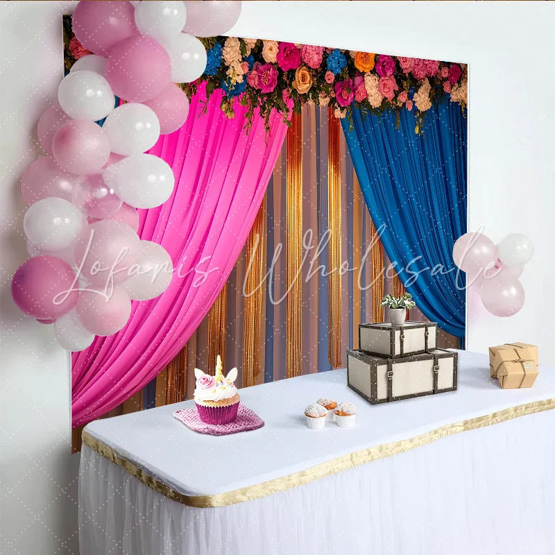 Lofaris Pink Blue Stage Backdrop Golden Tinsel Strands and Flower Header Celebration Party Banner