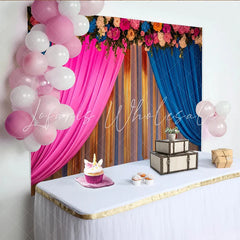 Lofaris Pink Blue Stage Backdrop Golden Tinsel Strands and Flower Header Celebration Party Banner
