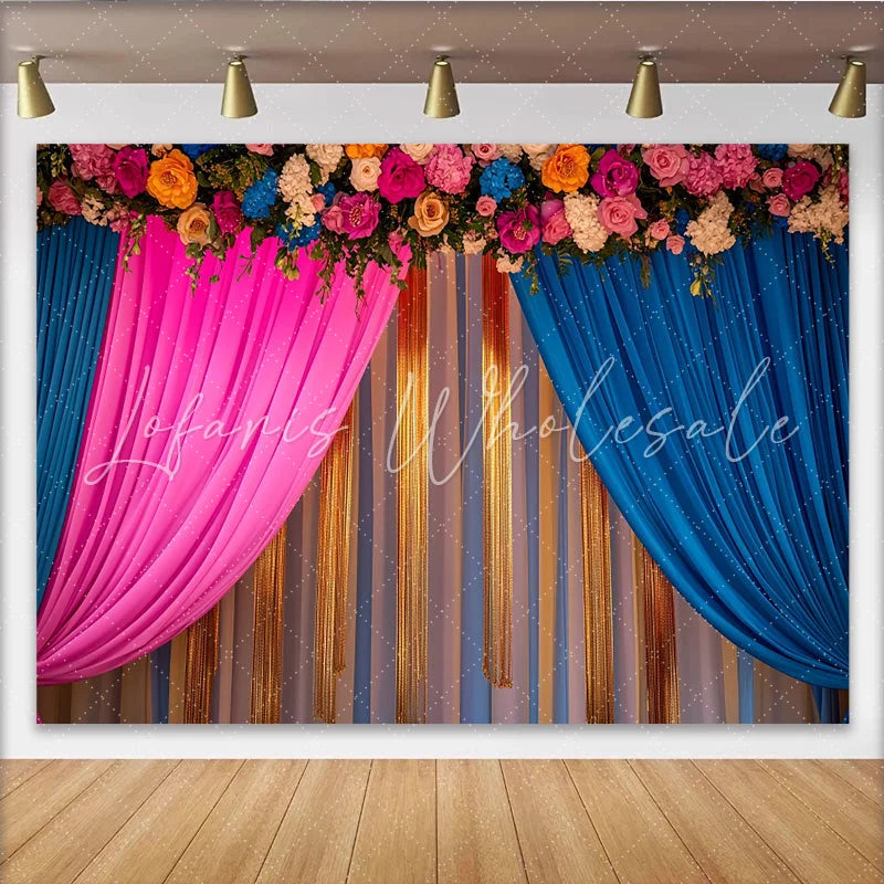 Lofaris Pink Blue Stage Backdrop Golden Tinsel Strands and Flower Header Celebration Party Banner