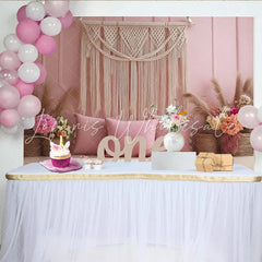 Lofaris Pink Boho 1st Birthday Backdrop with Macrame and Pampas Grass Elegant Photography Background for Cake Smash and Party Decor