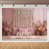 Lofaris Pink Boho 1st Birthday Backdrop with Macrame and Pampas Grass Elegant Photography Background for Cake Smash and Party Decor