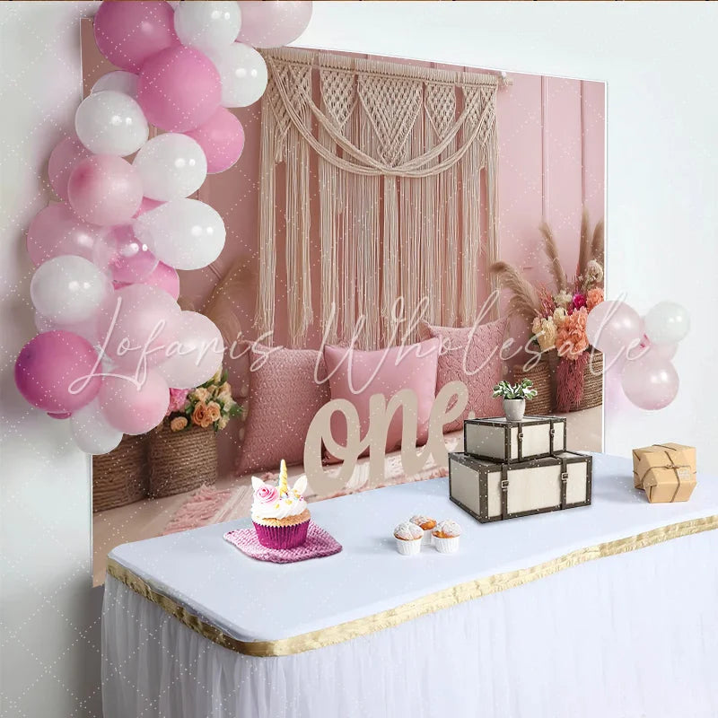 Lofaris Pink Boho 1st Birthday Backdrop with Macrame and Pampas Grass Elegant Photography Background for Cake Smash and Party Decor
