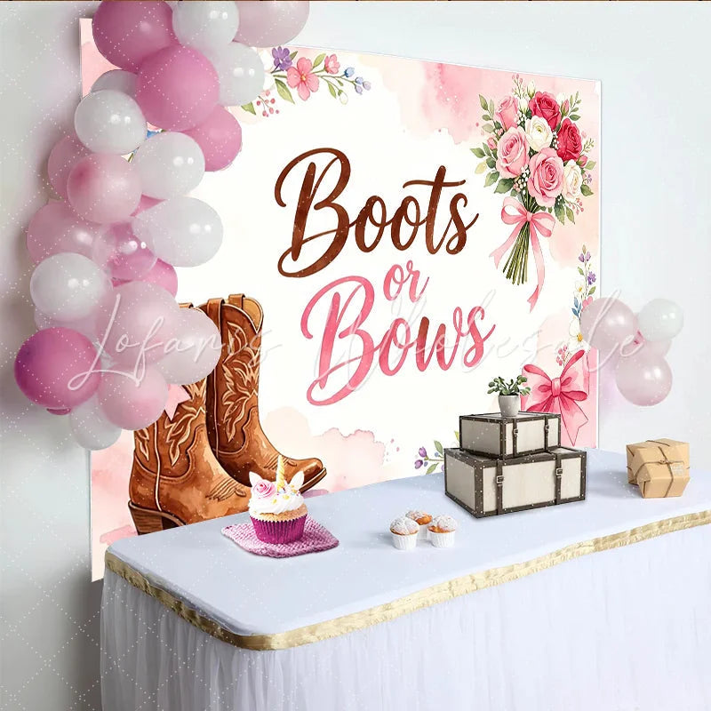 Lofaris Pink Boots or Bows Gender Reveal Baby Shower Backdrop with Cowboy Boots and Flowers Rustic Party Decor for Gender Reveal Photos