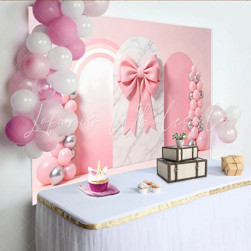 Lofaris Pink Bow Baby Shower Backdrop with Marble Arch and Balloons Rainbow Party Background for Girl Photography