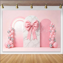 Lofaris Pink Bow Baby Shower Backdrop with Marble Arch and Balloons Rainbow Party Background for Girl Photography