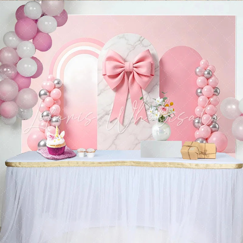 Lofaris Pink Bow Baby Shower Backdrop with Marble Arch and Balloons Rainbow Party Background for Girl Photography