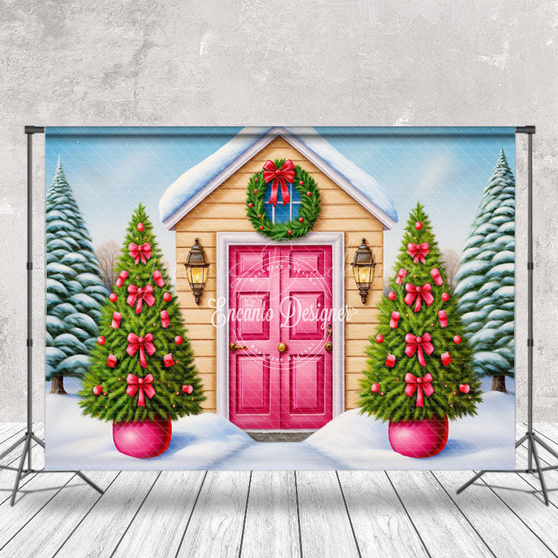 Lofaris Pink Bow Tie Trees House Snowy Christmas Backdrop