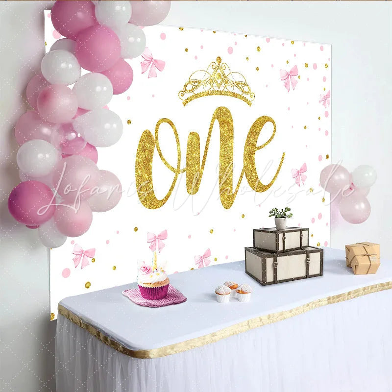 Lofaris Pink Bows and Gold Crown First Birthday Backdrop Glitter ONE Backdrop for Girl Party