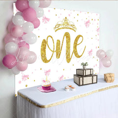 Lofaris Pink Bows and Gold Crown First Birthday Backdrop Glitter ONE Backdrop for Girl Party