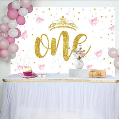 Lofaris Pink Bows and Gold Crown First Birthday Backdrop Glitter ONE Backdrop for Girl Party