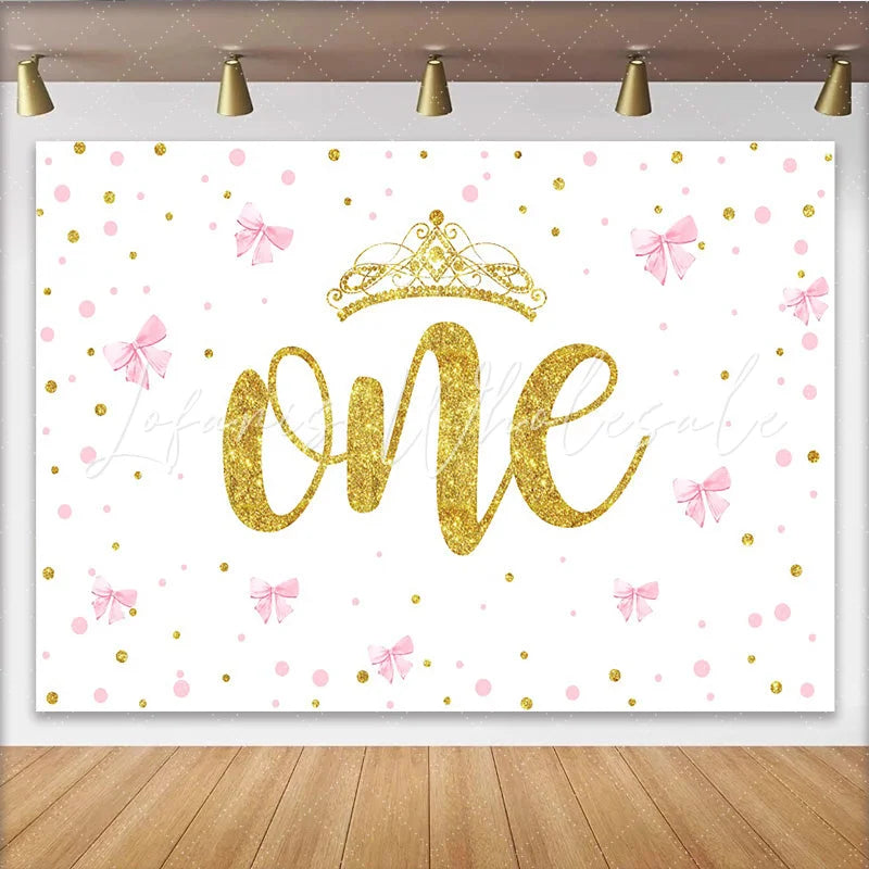 Lofaris Pink Bows and Gold Crown First Birthday Backdrop Glitter ONE Backdrop for Girl Party