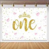Lofaris Pink Bows and Gold Crown First Birthday Backdrop Glitter ONE Backdrop for Girl Party