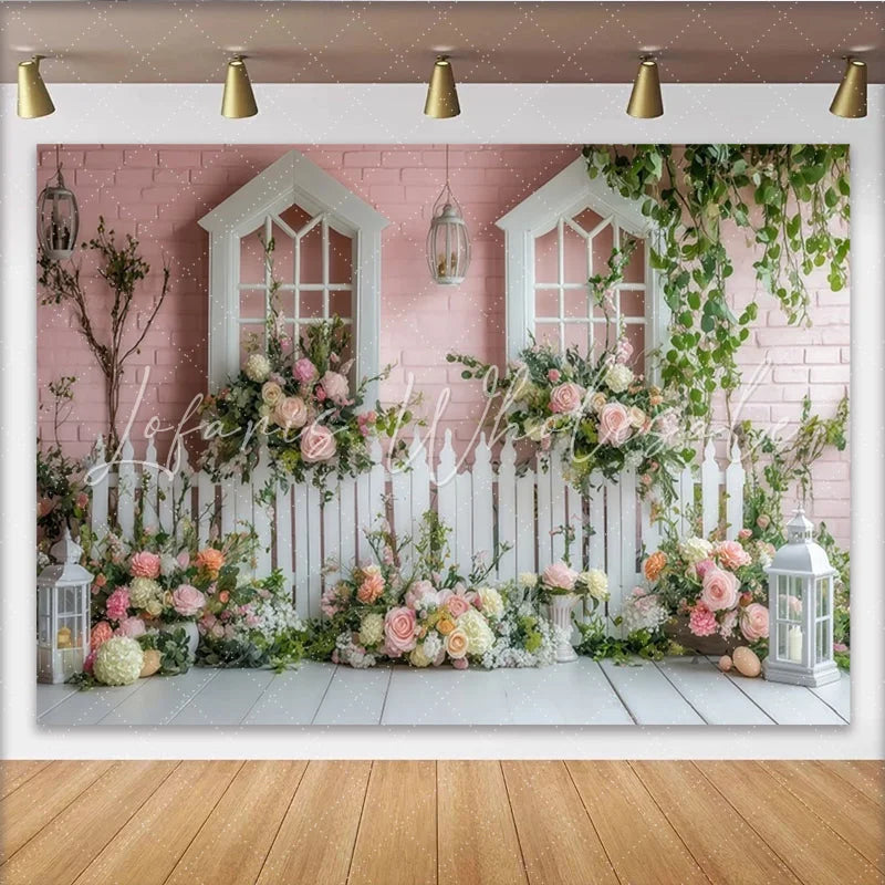 Lofaris Pink Brick Wall Floral Garden Photography Backdrop with White Windows and Roses Elegant Picket Fence Scene for Studio Photoshoot