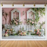 Lofaris Pink Brick Wall Floral Garden Photography Backdrop with White Windows and Roses Elegant Picket Fence Scene for Studio Photoshoot
