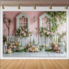 Lofaris Pink Brick Wall Floral Garden Photography Backdrop with White Windows and Roses Elegant Picket Fence Scene for Studio Photoshoot