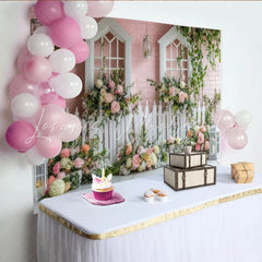 Lofaris Pink Brick Wall Floral Garden Photography Backdrop with White Windows and Roses Elegant Picket Fence Scene for Studio Photoshoot