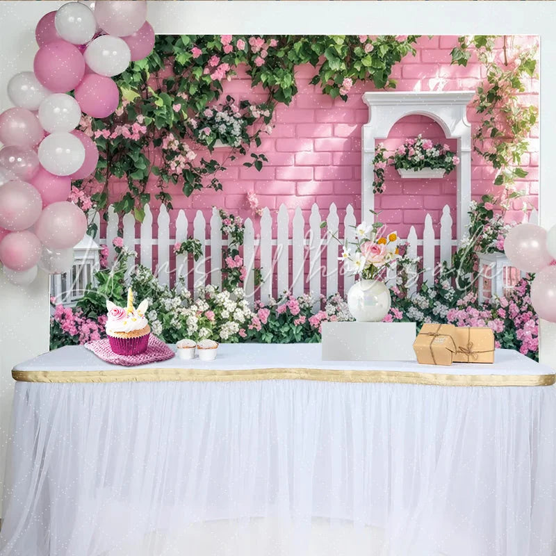 Lofaris Pink Brick Wall Garden Photography Backdrop with White Picket Fence Charming Spring Photo Background for Studio and Party Decor