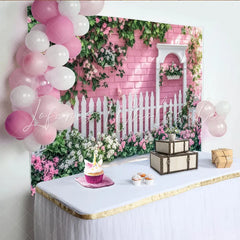 Lofaris Pink Brick Wall Garden Photography Backdrop with White Picket Fence Charming Spring Photo Background for Studio and Party Decor