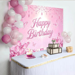 Lofaris Pink Butterfly Glitter Birthday Backdrop for Girls Princess Party Sparkling Crystal Party Decor for Photoshoot and Celebration
