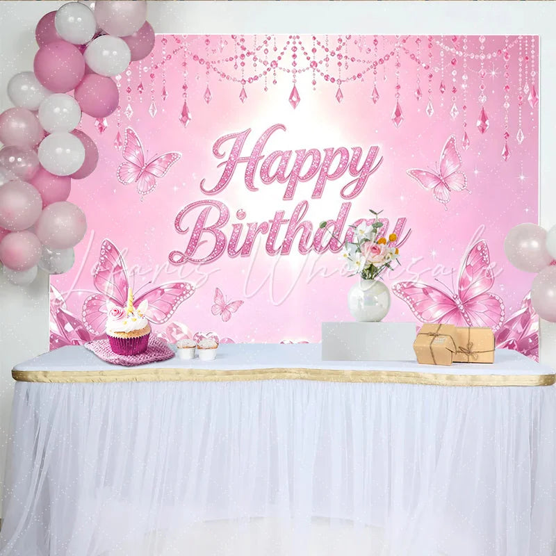 Lofaris Pink Butterfly Glitter Birthday Backdrop for Girls Princess Party Sparkling Crystal Party Decor for Photoshoot and Celebration